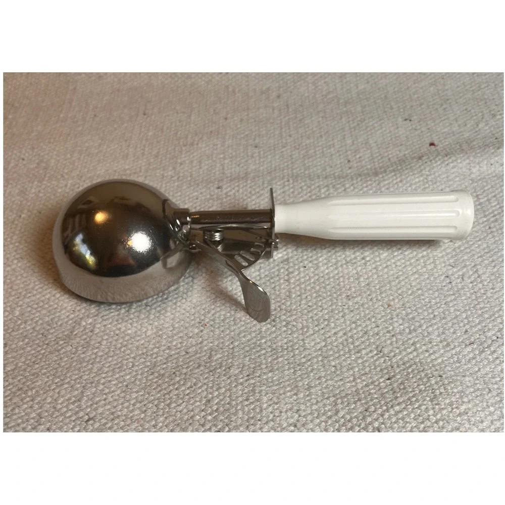 Vintage NSF #6 Stainless Steel Portion Scoop Disher White Handle